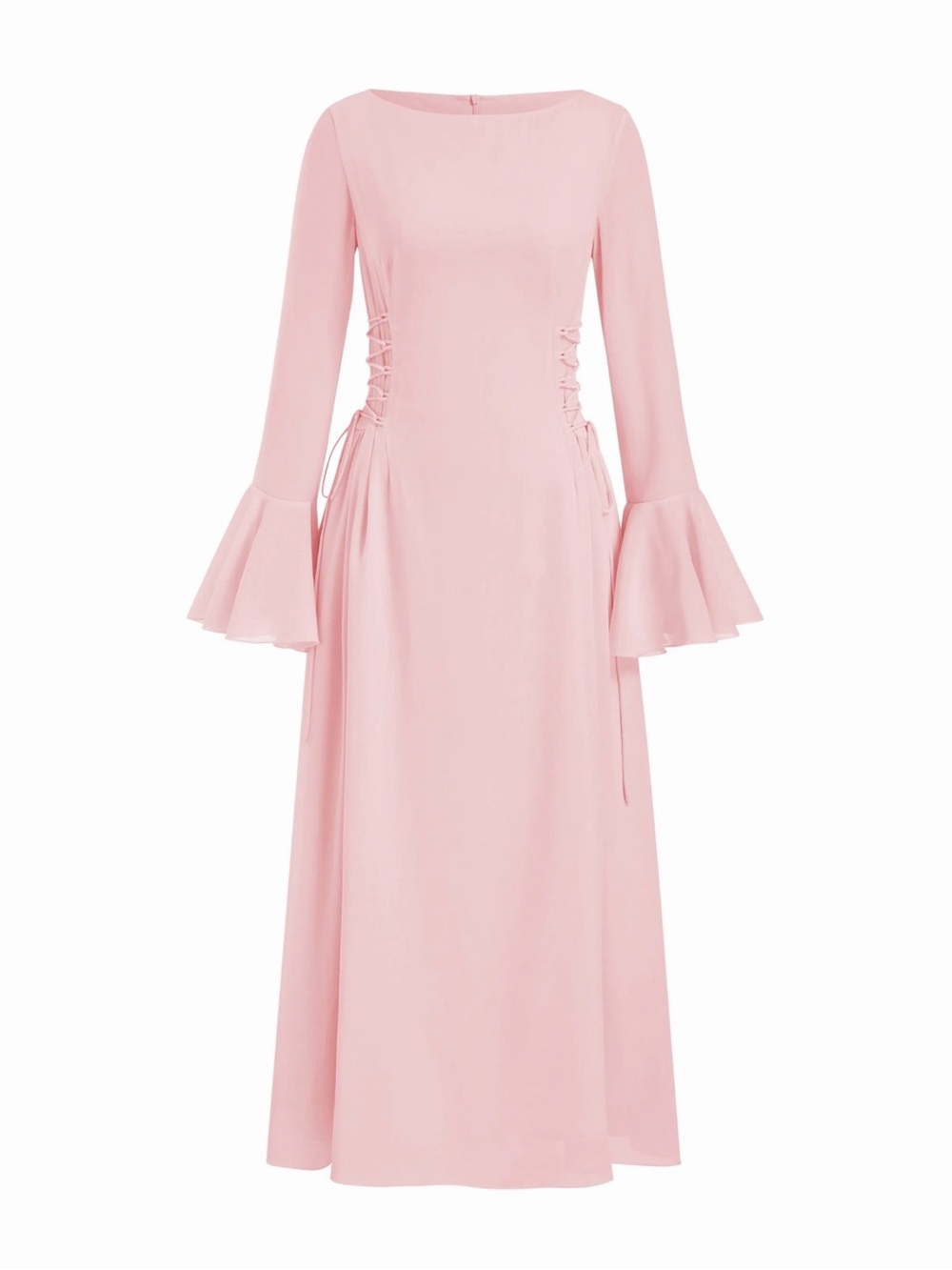 Pink Long Sleeve Lace-Up Waist Maxi Dress